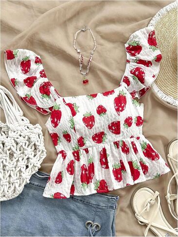 MakeMeChic Women's Graphic Print Cap Sleeve Blouse Square Neck Tie Back Shirred Crop Tops in Saudi Arabia