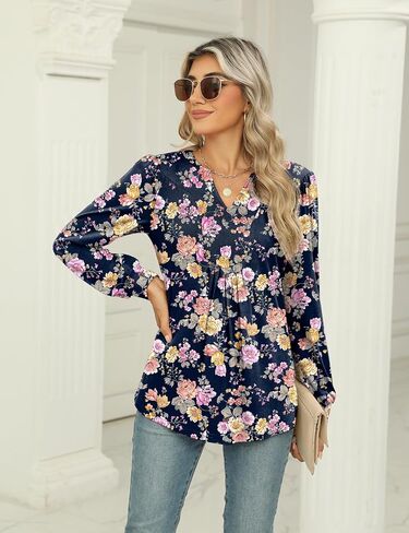 Ivicoer Womens V Neck Puff Long Sleeve Tops Fall Fashion 2024 Pleated Tunic Work Blouses Dressy Casual in Saudi Arabia