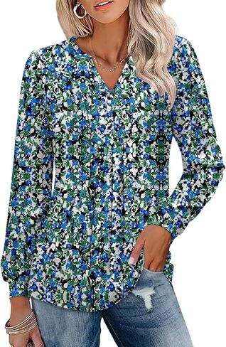 Ivicoer Womens V Neck Puff Long Sleeve Tops Fall Fashion 2024 Pleated Tunic Work Blouses Dressy Casual in Saudi Arabia