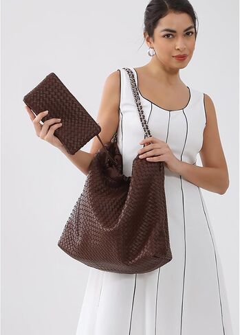Drawstring Bag for Women Leather Tote Large Capacity Travel Handbag and Purse Foldable Handmade Woven Shoulder Bag in Saudi Arabia