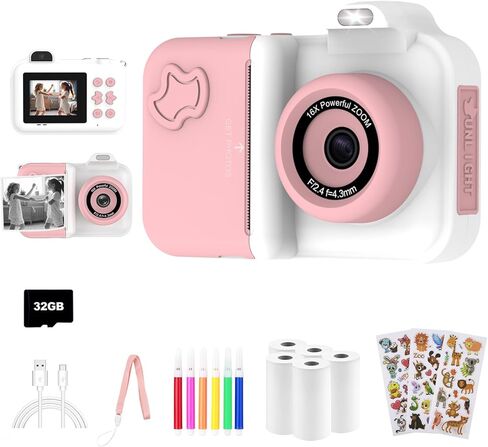 Kids Camera Instant Print, Christmas Birthday Gifts Toys for Girls Boys Age 4 5 6 7 8 9 10 11 12 Years Old,1080P HD Dual-Lens Selfie Digital Camera with 5 Rolls Print Paper Stickers Pens & 32G Card in Kuwait