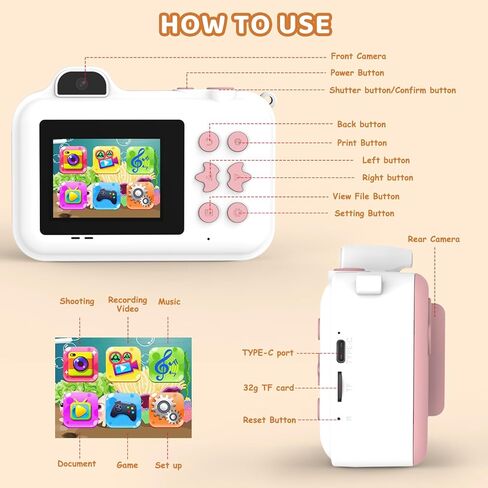 Kids Camera Instant Print, Christmas Birthday Gifts Toys for Girls Boys Age 4 5 6 7 8 9 10 11 12 Years Old,1080P HD Dual-Lens Selfie Digital Camera with 5 Rolls Print Paper Stickers Pens & 32G Card in Kuwait