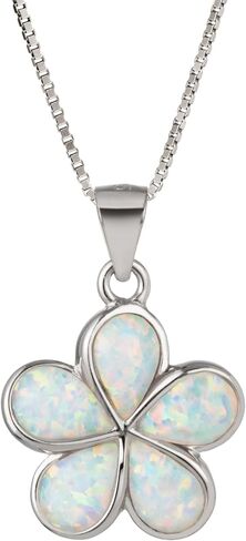 925 Sterling Silver Opal Hawaiian Plumeria Flower Necklace Pendant with 18" Box Chain, Nickel-Free Hypoallergenic for Sensitive Skin, Gift Box Included in Kuwait