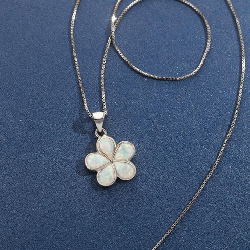 925 Sterling Silver Opal Hawaiian Plumeria Flower Necklace Pendant with 18" Box Chain, Nickel-Free Hypoallergenic for Sensitive Skin, Gift Box Included in Kuwait
