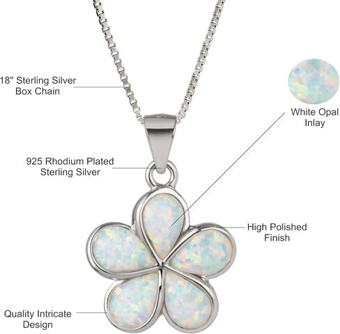 925 Sterling Silver Opal Hawaiian Plumeria Flower Necklace Pendant with 18" Box Chain, Nickel-Free Hypoallergenic for Sensitive Skin, Gift Box Included in Kuwait