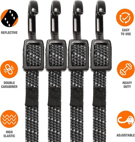 Adjustable Flat Bungee Cord Heavy Duty Outdoor with Hooks, Bungee Cords Assorted Sizes, 4pk (Reflective Black, Length 48'') in Saudi Arabia