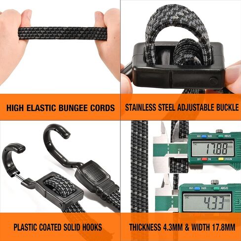 Adjustable Flat Bungee Cord Heavy Duty Outdoor with Hooks, Bungee Cords Assorted Sizes, 4pk (Reflective Black, Length 48'') in Saudi Arabia