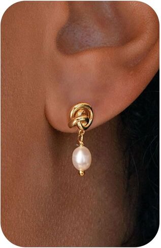 VRIUA Pearl Earrings for Women - 14K Gold Plated Dainty Pearl Dangle Earrings Small Huggie Hoop Drop Earrings for Women Trendy Gold Wedding Bridal Earrings for Women in Saudi Arabia