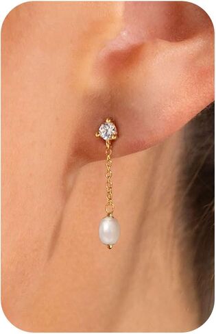 VRIUA Pearl Earrings for Women - 14K Gold Plated Dainty Pearl Dangle Earrings Small Huggie Hoop Drop Earrings for Women Trendy Gold Wedding Bridal Earrings for Women in Saudi Arabia