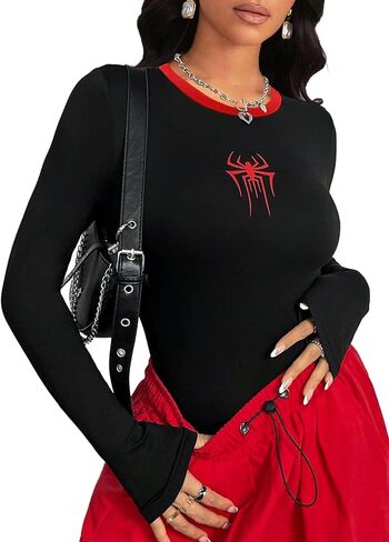 النساء LovelyWholesale الجرافيك كم طويل قمم مثير العنكبوت Crewneck تيز Y2K القمصان in Kuwait