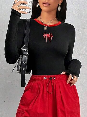 النساء LovelyWholesale الجرافيك كم طويل قمم مثير العنكبوت Crewneck تيز Y2K القمصان in Kuwait