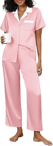 Ekouaer Satin Pajamas Set for Women Silk Button Down Sleepwear Short Sleeve Loungewear 2 Pieces Nightwear in Saudi Arabia