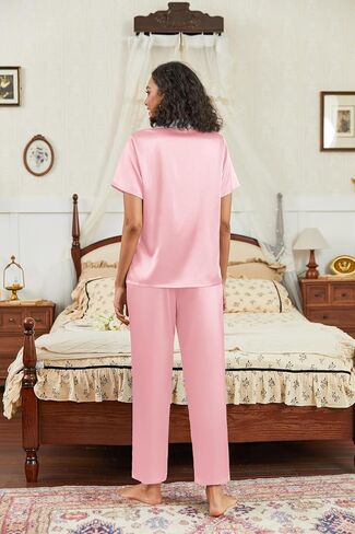 Ekouaer Satin Pajamas Set for Women Silk Button Down Sleepwear Short Sleeve Loungewear 2 Pieces Nightwear in Saudi Arabia