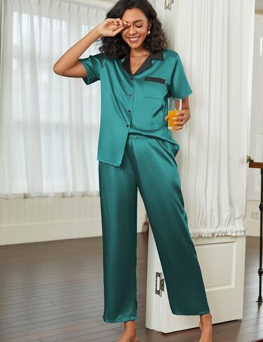 Ekouaer Satin Pajamas Set for Women Silk Button Down Sleepwear Short Sleeve Loungewear 2 Pieces Nightwear in Saudi Arabia
