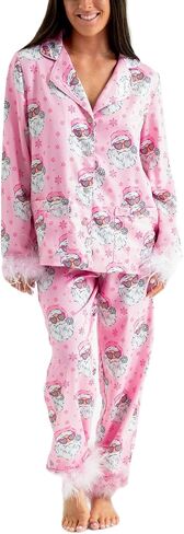 Women Feather Trim Silk Satin Pajama Set Christmas Button Down Shirts and Pants Outfit Sleepwear Loungewear in Saudi Arabia