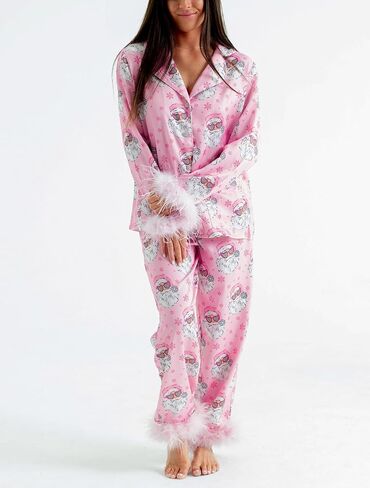 Women Feather Trim Silk Satin Pajama Set Christmas Button Down Shirts and Pants Outfit Sleepwear Loungewear in Saudi Arabia