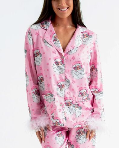 Women Feather Trim Silk Satin Pajama Set Christmas Button Down Shirts and Pants Outfit Sleepwear Loungewear in Saudi Arabia