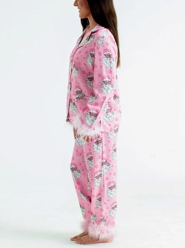 Women Feather Trim Silk Satin Pajama Set Christmas Button Down Shirts and Pants Outfit Sleepwear Loungewear in Saudi Arabia