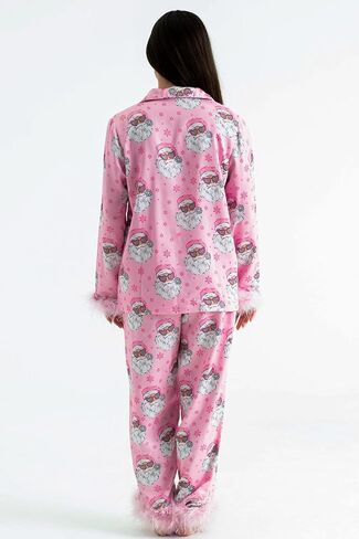 Women Feather Trim Silk Satin Pajama Set Christmas Button Down Shirts and Pants Outfit Sleepwear Loungewear in Saudi Arabia