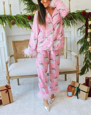 Women Feather Trim Silk Satin Pajama Set Christmas Button Down Shirts and Pants Outfit Sleepwear Loungewear in Saudi Arabia