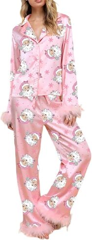 Women Feather Trim Silk Satin Pajama Set Christmas Button Down Shirts and Pants Outfit Sleepwear Loungewear in Saudi Arabia