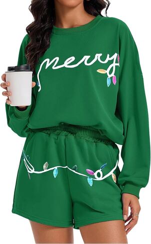 DOLITAEN Merry Pajamas Sets Women Christmas Two-Piece Nightwear Xmas Lights Sleepwear Soft Pjs Shorts Sets in Saudi Arabia