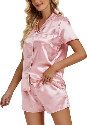 Vrtige Women's Satin Pajamas Set Short Sleeve Button Down Shirt With Shorts PJs Set Loungewear in Kuwait