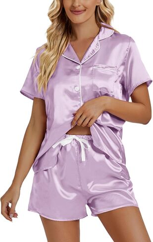 Vrtige Women's Satin Pajamas Set Short Sleeve Button Down Shirt With Shorts PJs Set Loungewear in Kuwait