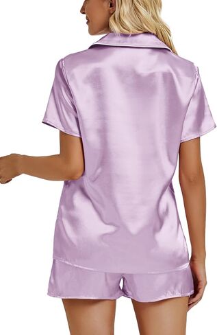Vrtige Women's Satin Pajamas Set Short Sleeve Button Down Shirt With Shorts PJs Set Loungewear in Kuwait