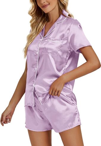 Vrtige Women's Satin Pajamas Set Short Sleeve Button Down Shirt With Shorts PJs Set Loungewear in Kuwait