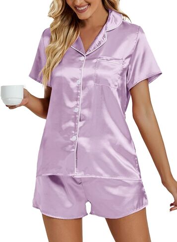 Vrtige Women's Satin Pajamas Set Short Sleeve Button Down Shirt With Shorts PJs Set Loungewear in Kuwait