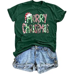 Merry Christmas Shirt for Women Buffalo Plaid Christmas T Shirts Xmas Graphic Tees Casual Holiday Tops