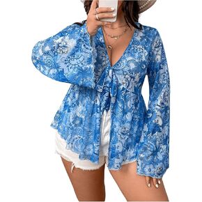 Floerns Women's Plus Size V Neck Flare Sleeve Tie Front Boho Peplum Tee Shirt