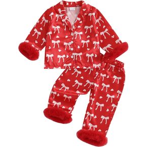 MAINESAKA Toddler Baby Girl Satin Pajamas Set Feather Trim Long Sleeve Button Down Tops Long Pants 2Pcs Pjs Sleepwear Outfits