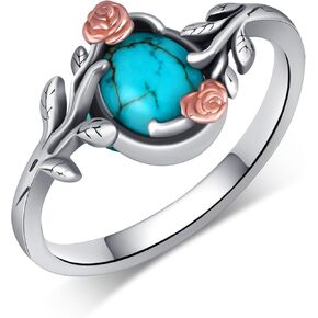 Genuine Turquoise Rings for Women 925 Sterling Silver Leaf Ring Vintage Boho Western Nature Gemstone Turquoise Jewelry for Women