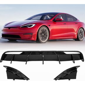 Rear Diffuser with Side Aprons Compatible with 2024 + Model 3， 5 PCS Carbon Fiber Printing PP Plastic Rear Bumper Molding Lip Spoiler & ABS Corner Aprons Pair