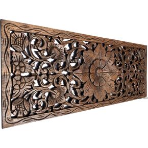 Large Carved Wood Wall Panel. Floral Wood Carved Wall Decor. Size 35.5"x13.5"x0.5" (Brown-Teak)