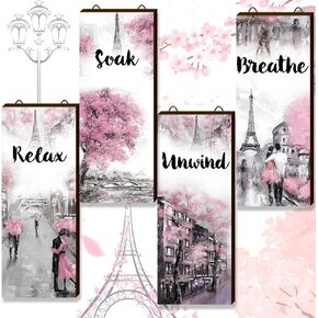 Gerrii Pink and Grey Bathroom Decor Pink Paris Decor Relax Soak Unwind Breathe Pink Gray Wall Art Pink Bathroom Accessories (Rectangle, 14.57 x 5.79 Inch)