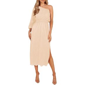 Wenrine Women's One Shoulder Midi Dress Long Sleeve Pleated High Waist Elegant Sexy Split Party Dress