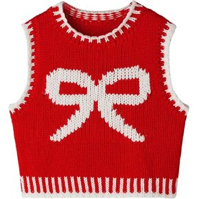 MakeMeChic Women's Bow Knot Pattern Sweater Vest Crew Neck Sleeveless Crochet Knitted Crop Tops