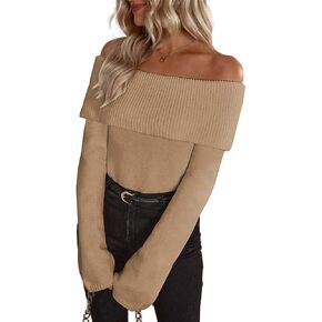 Labolliy Women Off Shoulder Fold Over Long Sleeve Sweaters Casual Solid Ribbed Knit 2023 Fall Pullover Jumper Tops
