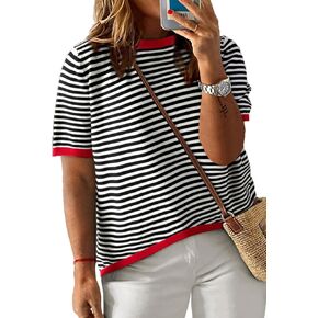Eytino Womens Plus Size Sweaters Crewneck Short Sleeve Striped Color Block Casual High Low Knitted Tops(1X-5X)
