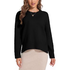 Women's Crewneck Long Sleeve Sweaters 2024 Fall Winter Loose Casual Ribbed Knit Side Slit Pullover Tops