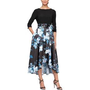 إس إل. فستان نسائي من Fashions بأكمام 3/4 منقوش عليه زهور عالي ومنخفض مع جيوب، ضيوف الزفاف، فستان الحفلات، (أحجام صغيرة وعادية) in Kuwait