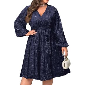 RED DOT BOUTIQUE 876 - Plus Size Elegant Sheer Sleeve Dress with Waist Sparkle Chiffon Mesh Cocktail Dress