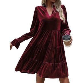 2024 Women’s Elegant Velvet Long Sleeve Dress Casual Fall V Neck A Line Babydoll Flowy Formal Wedding Party Mini Dress