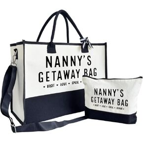Nanny Gift, Nanny's Getaway Bag, Canvas Beach Bag, Canvas Tote Bag for Women, Birthday Gifts for Women Her Nanny, Visit Love Spoil Bag, Nanny Bag for Picnic Shopping Holiday Camping, Design Beach Tote