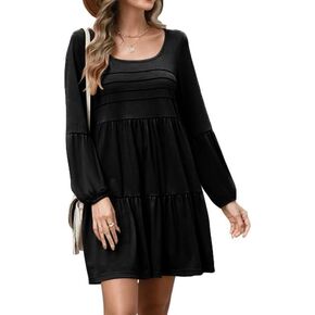 ETCYY NEW Womens Shift Dresses Pleated Front Scoop Neck Tunic Dress Long Sleeve Casual Flowy Swing