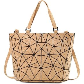 Geometric Tote Bag - Cork Handbag Top Handle Shopping Shoulder Bag Summer Beach Bag for Women Girls (Handbag with long strap)