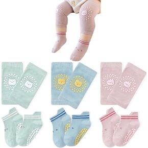 Baby Knee Pads for Crawling (3 Pairs) and Baby Socks for Walking (3 Pairs), Walking Protector For Toddler Girl Boy 1-3